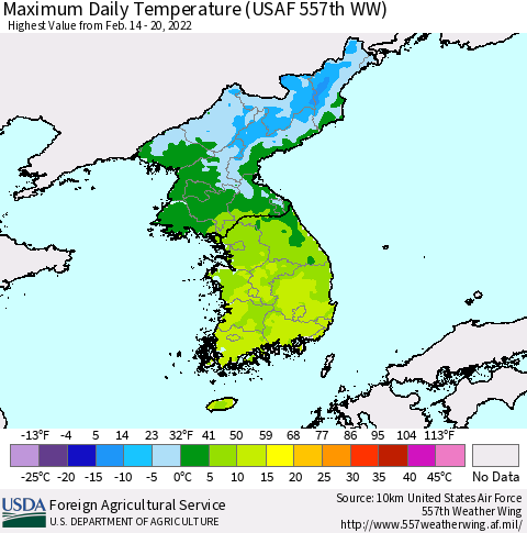 Korea Maximum Daily Temperature (USAF 557th WW) Thematic Map For 2/14/2022 - 2/20/2022