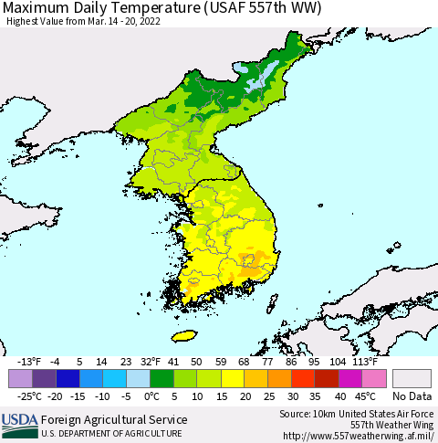 Korea Maximum Daily Temperature (USAF 557th WW) Thematic Map For 3/14/2022 - 3/20/2022