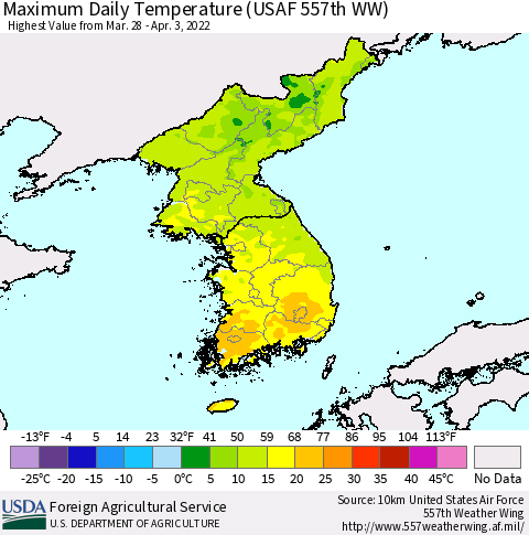 Korea Maximum Daily Temperature (USAF 557th WW) Thematic Map For 3/28/2022 - 4/3/2022