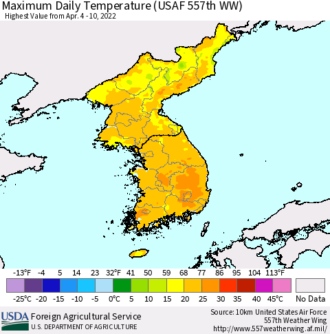 Korea Maximum Daily Temperature (USAF 557th WW) Thematic Map For 4/4/2022 - 4/10/2022