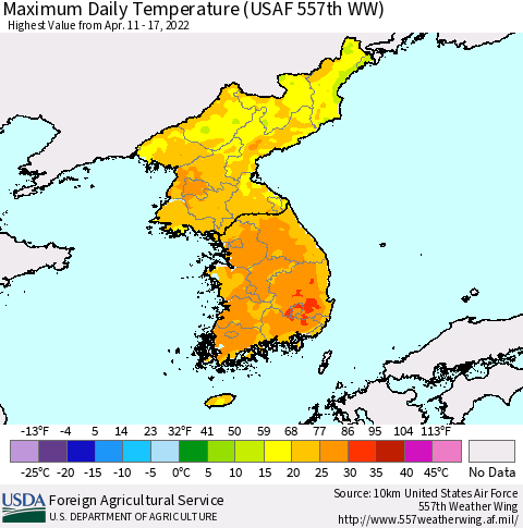 Korea Maximum Daily Temperature (USAF 557th WW) Thematic Map For 4/11/2022 - 4/17/2022
