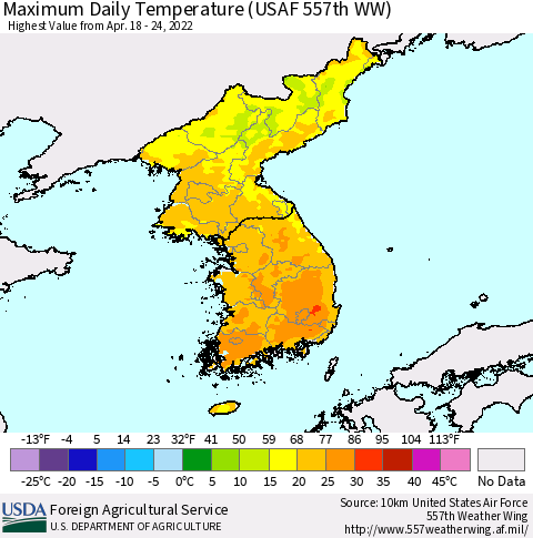 Korea Maximum Daily Temperature (USAF 557th WW) Thematic Map For 4/18/2022 - 4/24/2022