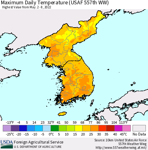 Korea Maximum Daily Temperature (USAF 557th WW) Thematic Map For 5/2/2022 - 5/8/2022