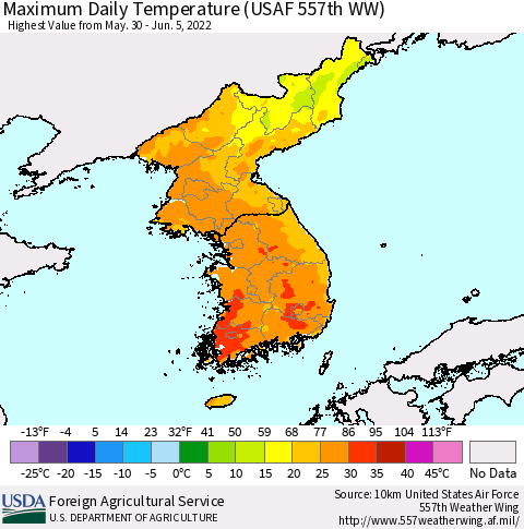 Korea Maximum Daily Temperature (USAF 557th WW) Thematic Map For 5/30/2022 - 6/5/2022