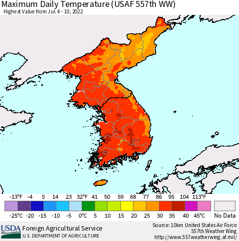 Korea Maximum Daily Temperature (USAF 557th WW) Thematic Map For 7/4/2022 - 7/10/2022