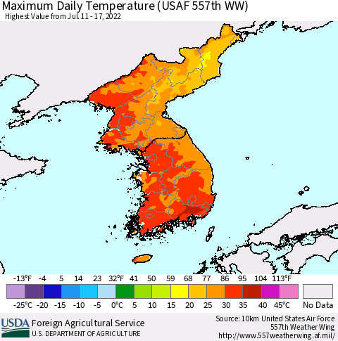 Korea Maximum Daily Temperature (USAF 557th WW) Thematic Map For 7/11/2022 - 7/17/2022