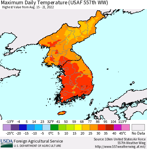 Korea Maximum Daily Temperature (USAF 557th WW) Thematic Map For 8/15/2022 - 8/21/2022