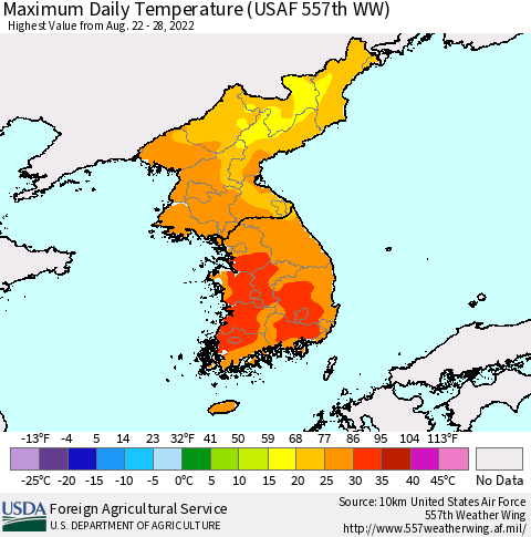 Korea Maximum Daily Temperature (USAF 557th WW) Thematic Map For 8/22/2022 - 8/28/2022
