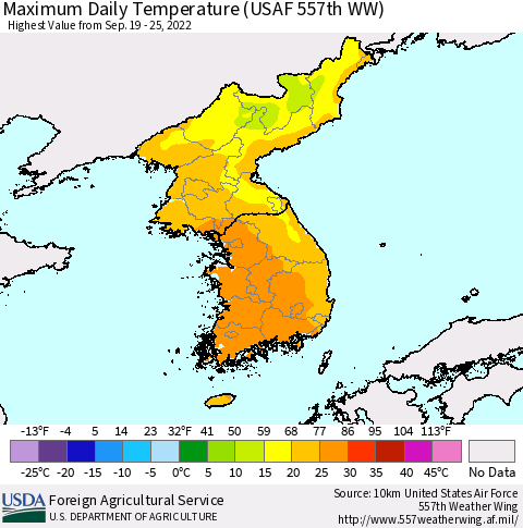Korea Maximum Daily Temperature (USAF 557th WW) Thematic Map For 9/19/2022 - 9/25/2022