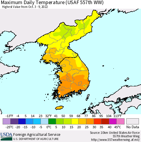 Korea Maximum Daily Temperature (USAF 557th WW) Thematic Map For 10/3/2022 - 10/9/2022