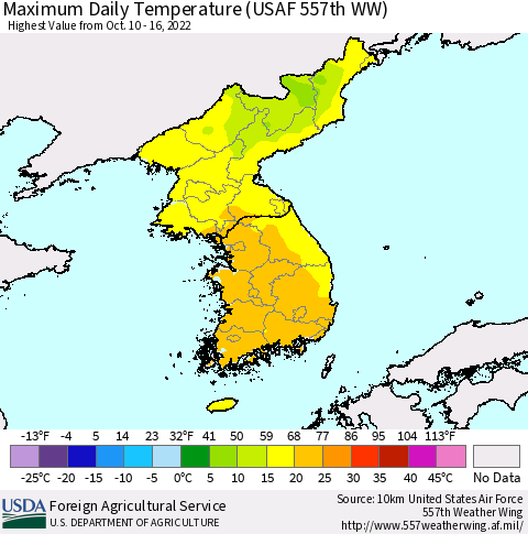 Korea Maximum Daily Temperature (USAF 557th WW) Thematic Map For 10/10/2022 - 10/16/2022