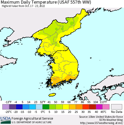 Korea Maximum Daily Temperature (USAF 557th WW) Thematic Map For 10/17/2022 - 10/23/2022