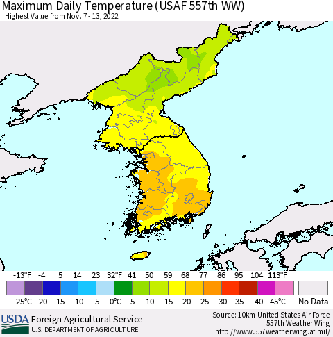 Korea Maximum Daily Temperature (USAF 557th WW) Thematic Map For 11/7/2022 - 11/13/2022