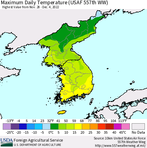 Korea Maximum Daily Temperature (USAF 557th WW) Thematic Map For 11/28/2022 - 12/4/2022