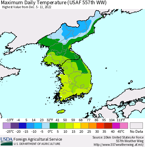 Korea Maximum Daily Temperature (USAF 557th WW) Thematic Map For 12/5/2022 - 12/11/2022