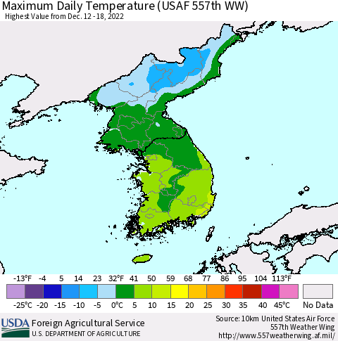 Korea Maximum Daily Temperature (USAF 557th WW) Thematic Map For 12/12/2022 - 12/18/2022