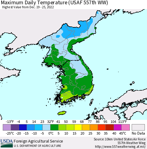 Korea Maximum Daily Temperature (USAF 557th WW) Thematic Map For 12/19/2022 - 12/25/2022