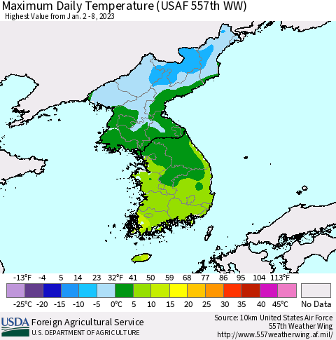 Korea Maximum Daily Temperature (USAF 557th WW) Thematic Map For 1/2/2023 - 1/8/2023