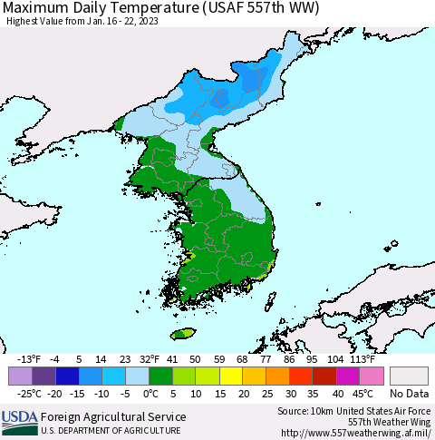 Korea Maximum Daily Temperature (USAF 557th WW) Thematic Map For 1/16/2023 - 1/22/2023