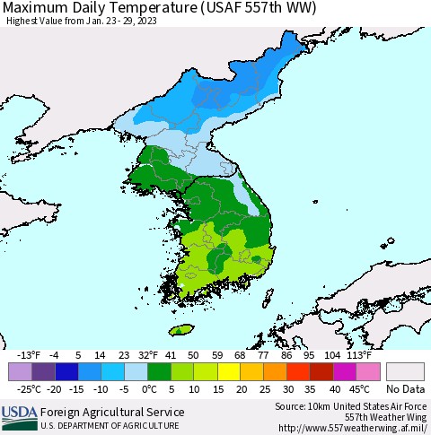 Korea Maximum Daily Temperature (USAF 557th WW) Thematic Map For 1/23/2023 - 1/29/2023