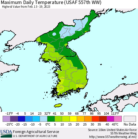 Korea Maximum Daily Temperature (USAF 557th WW) Thematic Map For 2/13/2023 - 2/19/2023