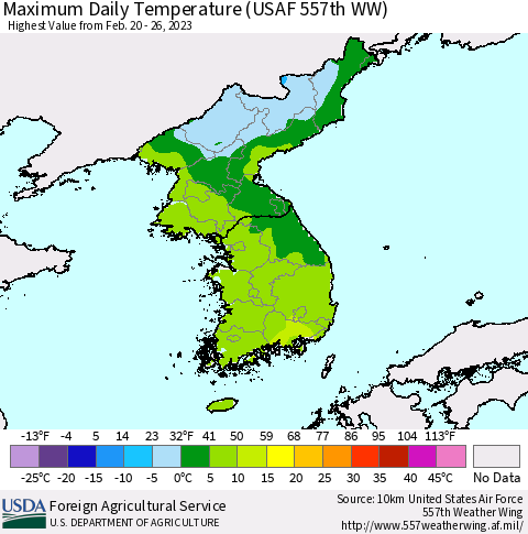 Korea Maximum Daily Temperature (USAF 557th WW) Thematic Map For 2/20/2023 - 2/26/2023