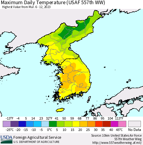 Korea Maximum Daily Temperature (USAF 557th WW) Thematic Map For 3/6/2023 - 3/12/2023
