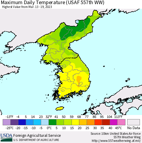 Korea Maximum Daily Temperature (USAF 557th WW) Thematic Map For 3/13/2023 - 3/19/2023