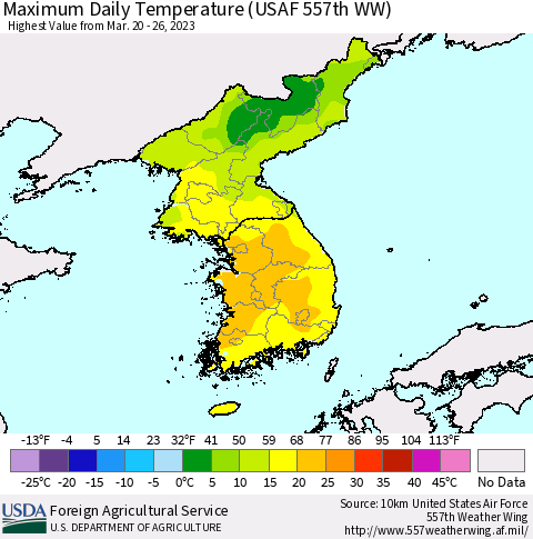 Korea Maximum Daily Temperature (USAF 557th WW) Thematic Map For 3/20/2023 - 3/26/2023