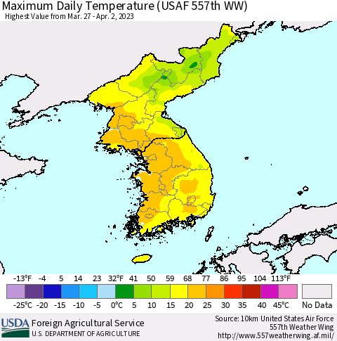 Korea Maximum Daily Temperature (USAF 557th WW) Thematic Map For 3/27/2023 - 4/2/2023