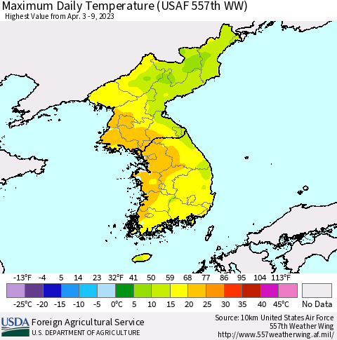 Korea Maximum Daily Temperature (USAF 557th WW) Thematic Map For 4/3/2023 - 4/9/2023