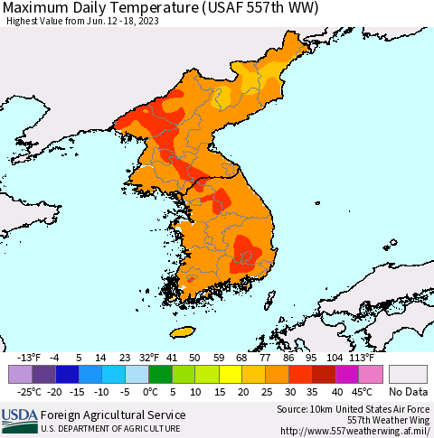 Korea Maximum Daily Temperature (USAF 557th WW) Thematic Map For 6/12/2023 - 6/18/2023