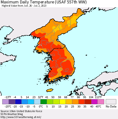 Korea Maximum Daily Temperature (USAF 557th WW) Thematic Map For 6/26/2023 - 7/2/2023