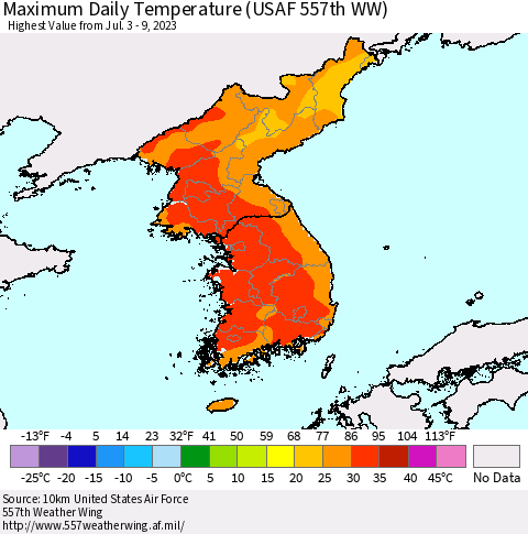 Korea Maximum Daily Temperature (USAF 557th WW) Thematic Map For 7/3/2023 - 7/9/2023