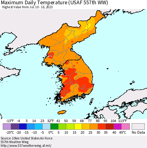 Korea Maximum Daily Temperature (USAF 557th WW) Thematic Map For 7/10/2023 - 7/16/2023