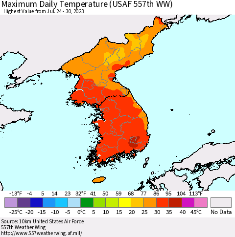 Korea Maximum Daily Temperature (USAF 557th WW) Thematic Map For 7/24/2023 - 7/30/2023