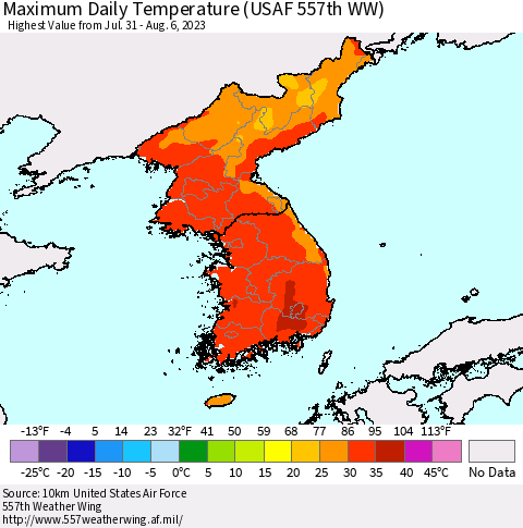 Korea Maximum Daily Temperature (USAF 557th WW) Thematic Map For 7/31/2023 - 8/6/2023