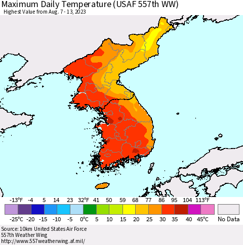 Korea Maximum Daily Temperature (USAF 557th WW) Thematic Map For 8/7/2023 - 8/13/2023