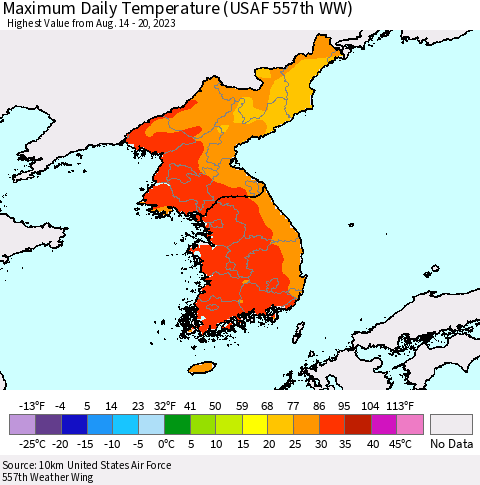 Korea Maximum Daily Temperature (USAF 557th WW) Thematic Map For 8/14/2023 - 8/20/2023