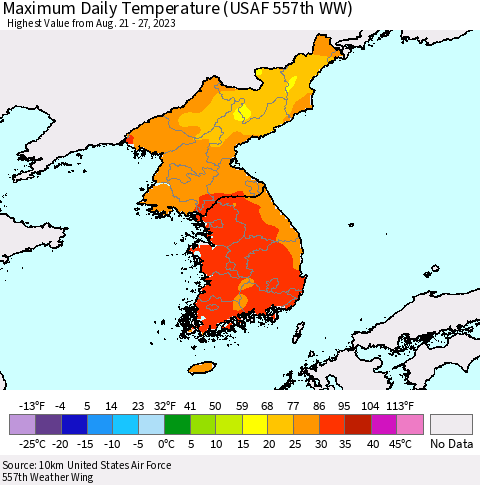 Korea Maximum Daily Temperature (USAF 557th WW) Thematic Map For 8/21/2023 - 8/27/2023
