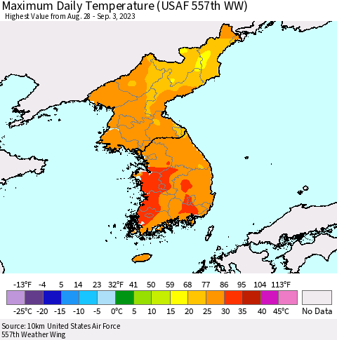 Korea Maximum Daily Temperature (USAF 557th WW) Thematic Map For 8/28/2023 - 9/3/2023