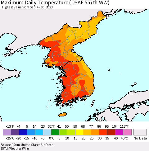 Korea Maximum Daily Temperature (USAF 557th WW) Thematic Map For 9/4/2023 - 9/10/2023