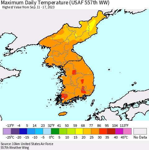 Korea Maximum Daily Temperature (USAF 557th WW) Thematic Map For 9/11/2023 - 9/17/2023