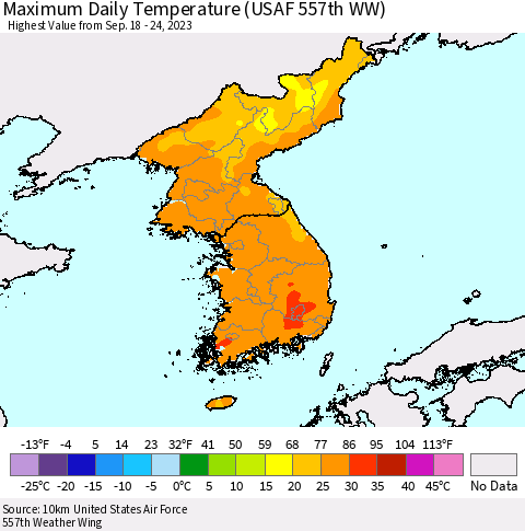 Korea Maximum Daily Temperature (USAF 557th WW) Thematic Map For 9/18/2023 - 9/24/2023