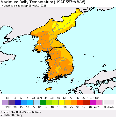 Korea Maximum Daily Temperature (USAF 557th WW) Thematic Map For 9/25/2023 - 10/1/2023