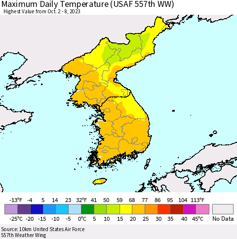 Korea Maximum Daily Temperature (USAF 557th WW) Thematic Map For 10/2/2023 - 10/8/2023