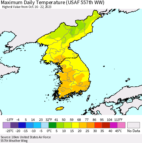 Korea Maximum Daily Temperature (USAF 557th WW) Thematic Map For 10/16/2023 - 10/22/2023