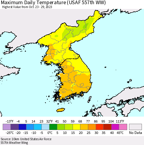 Korea Maximum Daily Temperature (USAF 557th WW) Thematic Map For 10/23/2023 - 10/29/2023