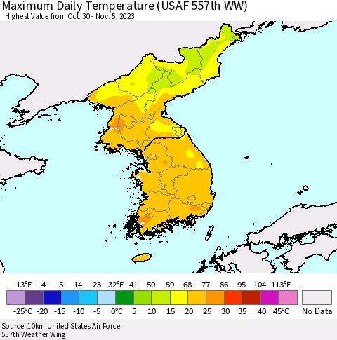 Korea Maximum Daily Temperature (USAF 557th WW) Thematic Map For 10/30/2023 - 11/5/2023