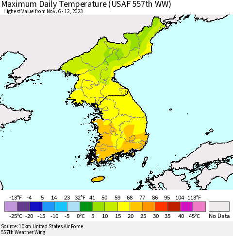 Korea Maximum Daily Temperature (USAF 557th WW) Thematic Map For 11/6/2023 - 11/12/2023
